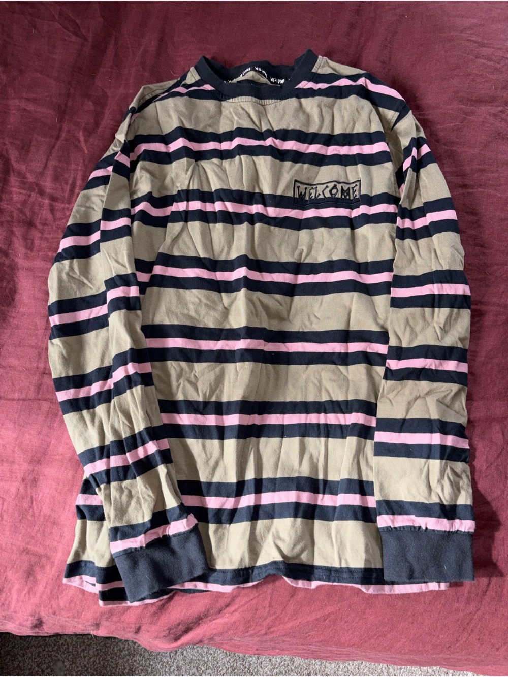 Welcome Brand Striped Long Sleeve Skate Tee - Army green black pink L